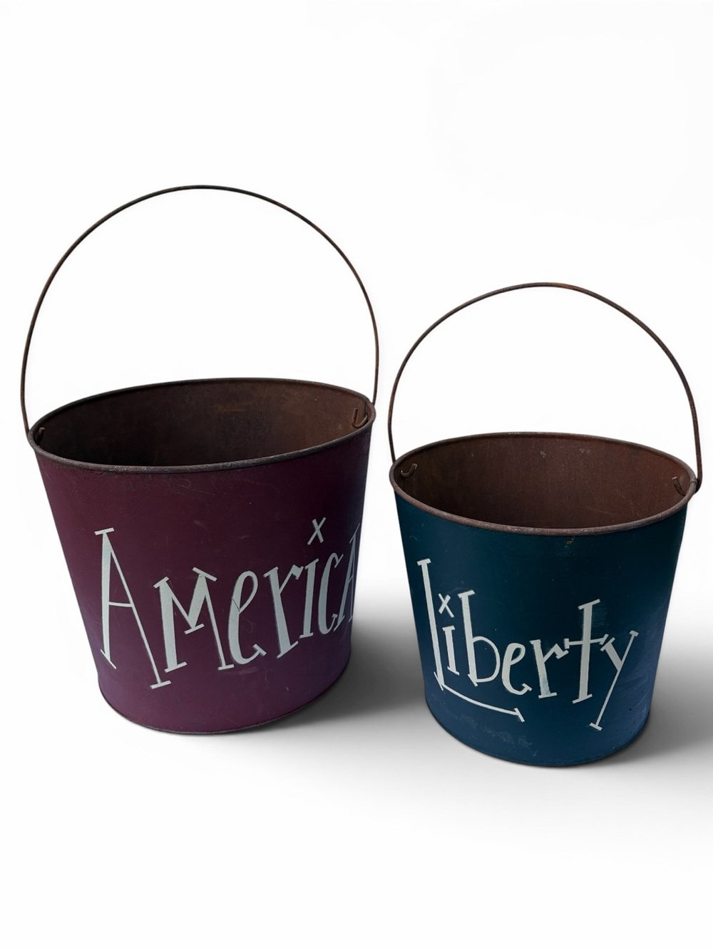 Patriotic Decorative Rustic Metal Buckets Red & Blue Set of 2